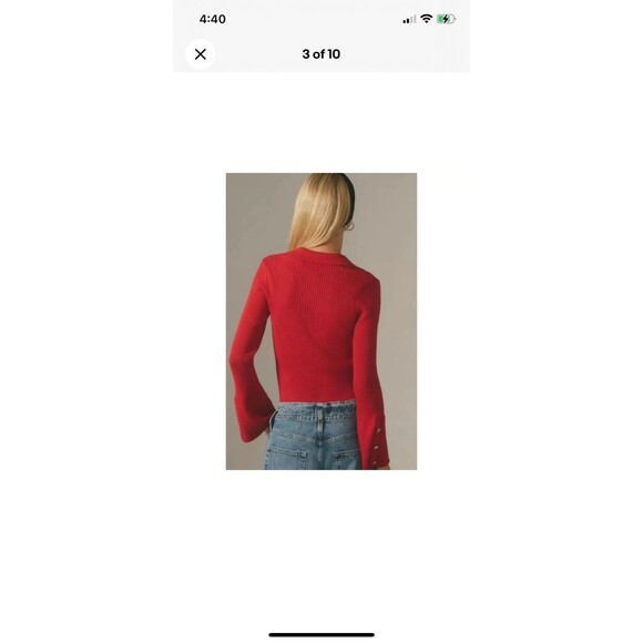 Anthropologie Maeve Polo Bell Sleeve Sweater Women's XL Red Ribbed Holiday - Picture 2 of 11